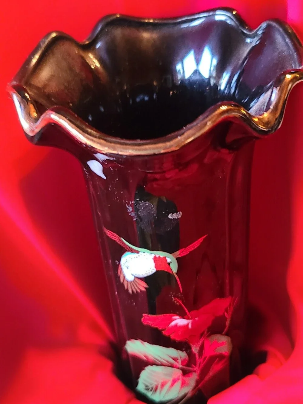 Black Hand-Painted Glass Vase with Floral Accent